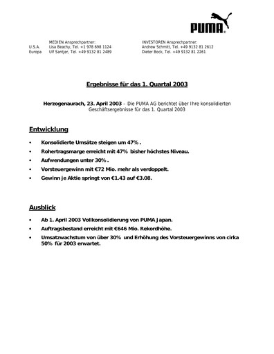 Vorschaubild PUMA Quartalsbericht 2003-q1