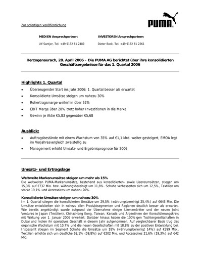 Vorschaubild PUMA Quartalsbericht 2006-q1