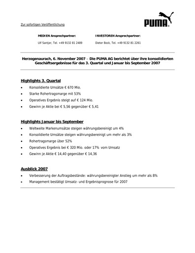 Vorschaubild PUMA Quartalsbericht 2007-q3