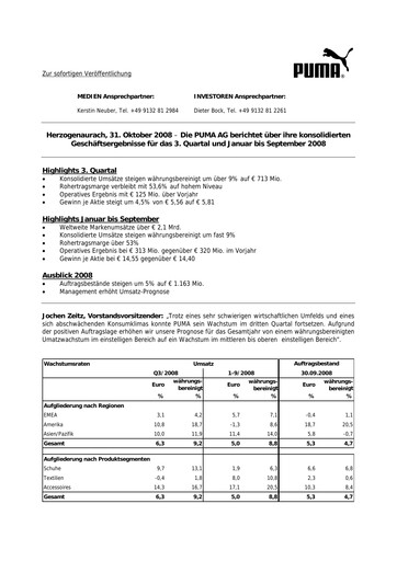 Vorschaubild PUMA Quartalsbericht 2008-q3