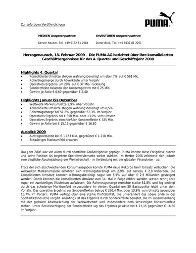 Vorschaubild PUMA Quartalsbericht 2008-q4