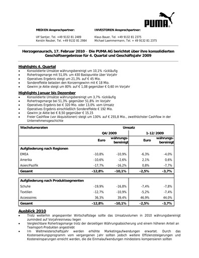 Vorschaubild PUMA Quartalsbericht 2009-q4