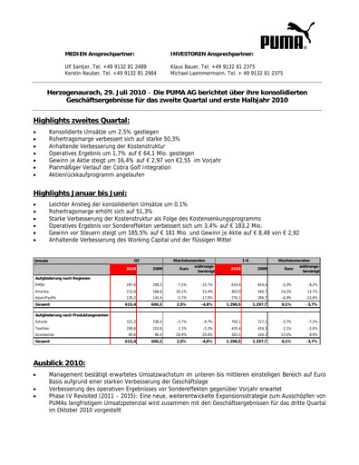 Vorschaubild PUMA Quartalsbericht 2010-q2