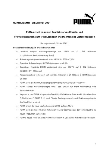 Vorschaubild PUMA Quartalsbericht 2021-q1