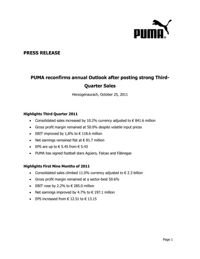 Thumbnail PUMA Quarterly Report 2011-q3