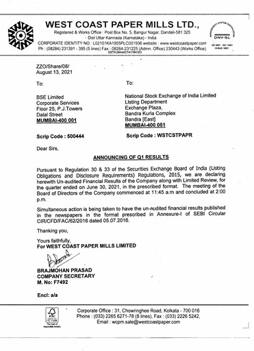 Thumbnail West Coast Paper Mills Quarterly Report 2021-q1