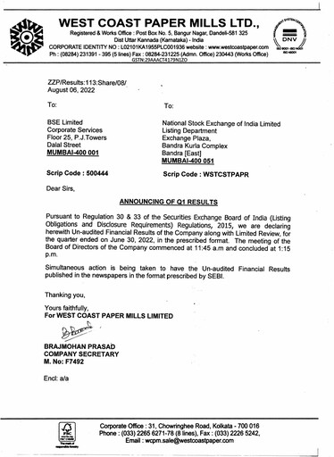 Thumbnail West Coast Paper Mills Quarterly Report 2022-q1