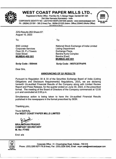 Thumbnail West Coast Paper Mills Quarterly Report 2023-q1