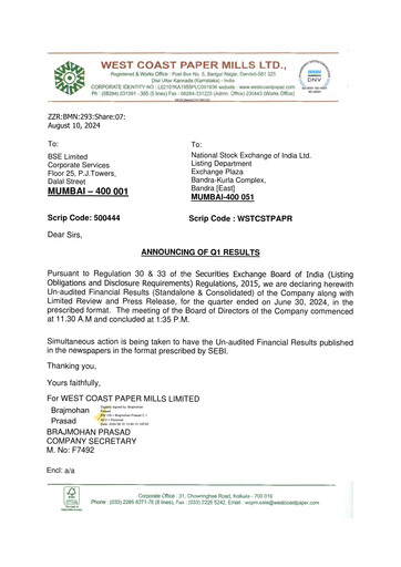 Thumbnail West Coast Paper Mills Quarterly Report 2024-q1