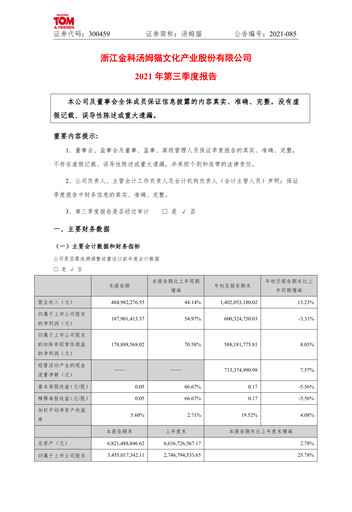 Thumbnail Zhejiang Jinke Tom Culture Industry Quarterly Report 2021-q3