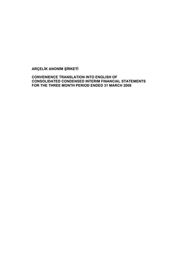Thumbnail Arçelik Quarterly Report 2008-q1