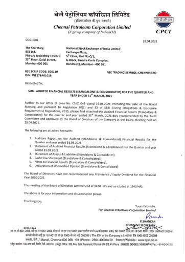 Vorschaubild Chennai Petroleum Finanzmitteilung 2020-2021