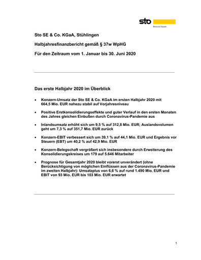 Thumbnail Sto SE & Co. KGaA Half-year Report 2020-h1