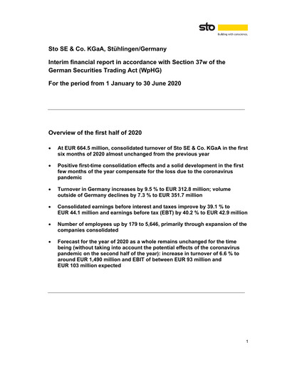 Thumbnail Sto SE & Co. KGaA Half-year Report 2020-h1