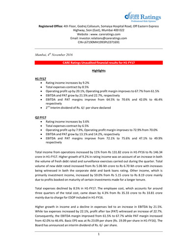 Thumbnail CARE's Ratings Half-year Report 2016-h1