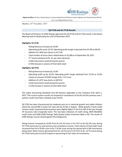 Thumbnail CARE's Ratings Half-year Report 2017-h1