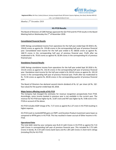 Thumbnail CARE's Ratings Half-year Report 2018-h1