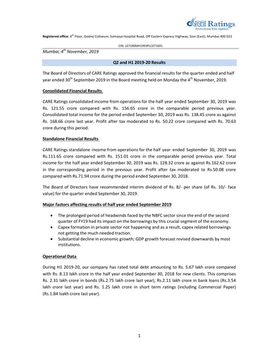 Thumbnail CARE's Ratings Half-year Report 2019-h1