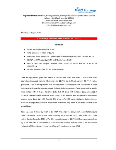 Thumbnail CARE's Ratings Quarterly Report 2016-q1