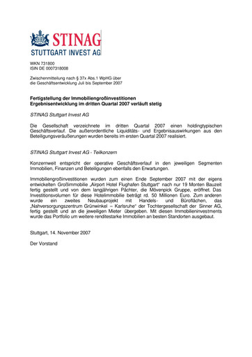 Vorschaubild STINAG Stuttgart Invest Quartalsbericht 2007-q3