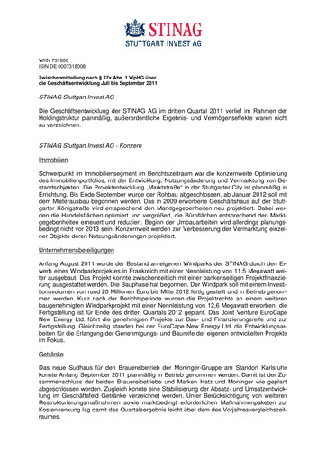 Vorschaubild STINAG Stuttgart Invest Quartalsbericht 2011-q3