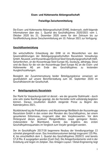 Miniature Eisen- und Hüttenwerke Rapport trimestriel 2020-2021-q1