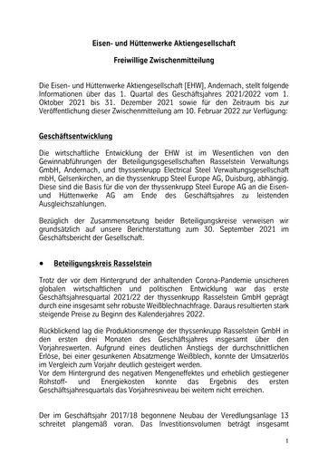 Miniature Eisen- und Hüttenwerke Rapport trimestriel 2021-2022-q1