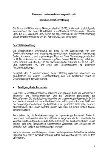 Miniature Eisen- und Hüttenwerke Rapport trimestriel 2022-2023-q1