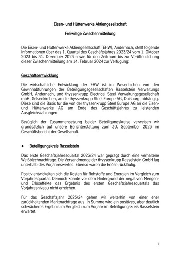 Miniature Eisen- und Hüttenwerke Rapport trimestriel 2023-2024-q1