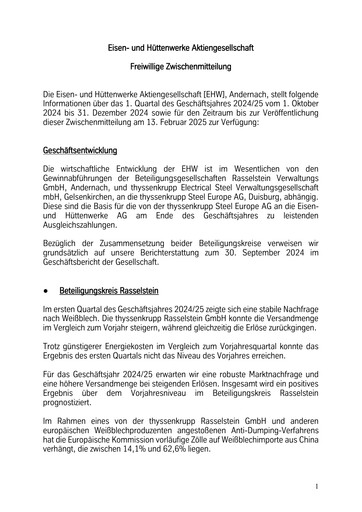 Miniature Eisen- und Hüttenwerke Rapport trimestriel 2024-2025-q1