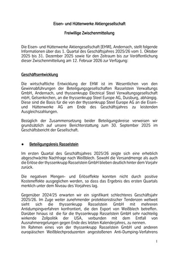 Miniature Eisen- und Hüttenwerke Rapport trimestriel 2025-2026-q1