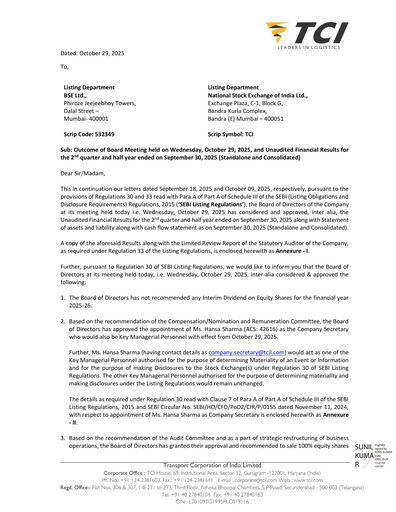 Thumbnail Transport Corporation of India
 Quarterly Report 2025-q2