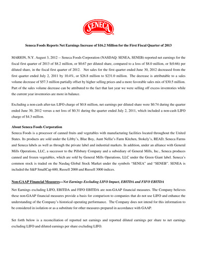 Thumbnail Seneca Foods
 Quarterly Report 2013-q1