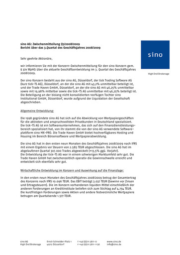 Vorschaubild Sino AG Quartalsbericht 2008-2009-q3