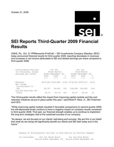 Thumbnail SEI Investments Quarterly Report 2009-q3