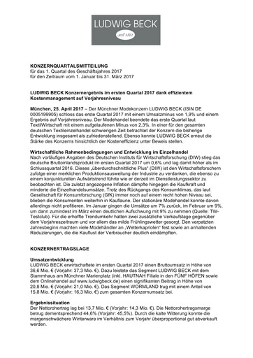 Miniature LUDWIG BECK am Rathauseck - Textilhaus Feldmeier Rapport trimestriel 2017-q1