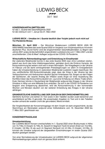 Miniature LUDWIG BECK am Rathauseck - Textilhaus Feldmeier Rapport trimestriel 2022-q1