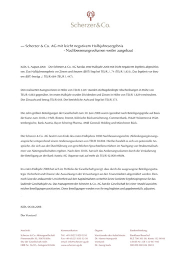 Thumbnail Scherzer & Co. AG Half-year Report 2008-h1