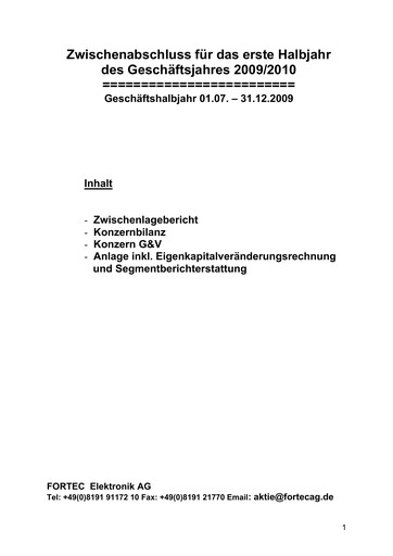 Thumbnail FORTEC Elektronik AG Half-year Report 2009-2010