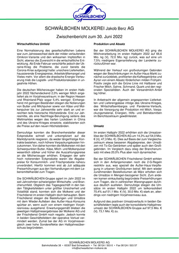 Thumbnail Schwälbchen Molkerei Half-year Report 2022-h1