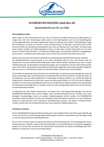 Thumbnail Schwälbchen Molkerei Half-year Report 2023-h1