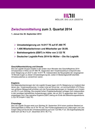 Vorschaubild Müller - Die lila Logistik Quartalsbericht 2014-q3