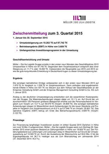 Vorschaubild Müller - Die lila Logistik Quartalsbericht 2015-q3
