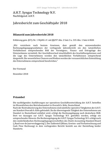 Miniature AHT Syngas Technology Rapport annuel 2018