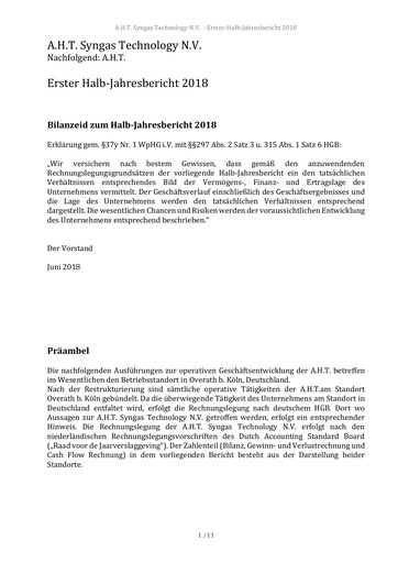 Miniature AHT Syngas Technology Rapport semestriel 2018-h1