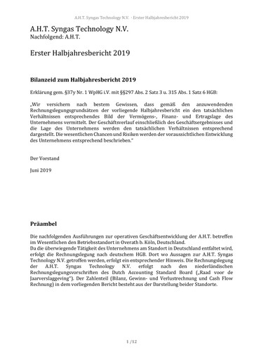 Miniature AHT Syngas Technology Rapport semestriel 2019-h1