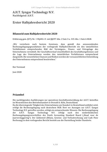 Miniature AHT Syngas Technology Rapport semestriel 2020-h1