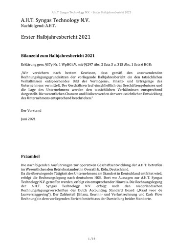 Miniature AHT Syngas Technology Rapport semestriel 2021-h1