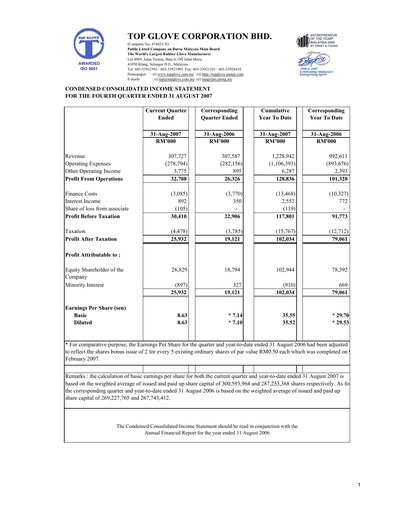 Thumbnail Top Glove Quarterly Report 2007-q4