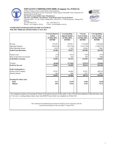 Thumbnail Top Glove Quarterly Report 2011-q3